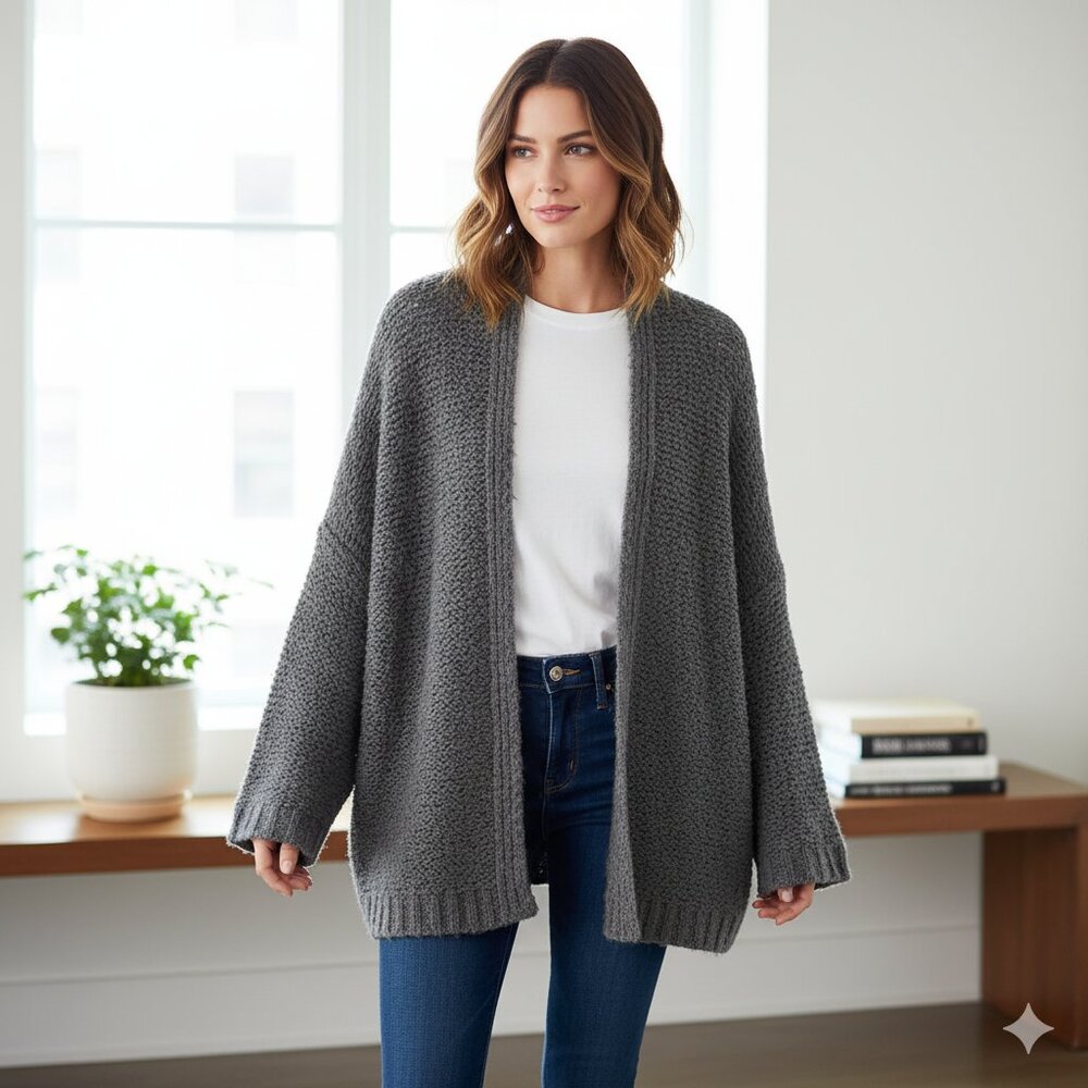 Oak & Fort Chunky Knit Cardigan Sweater Wool Grey Small Academia Preppy Coastal